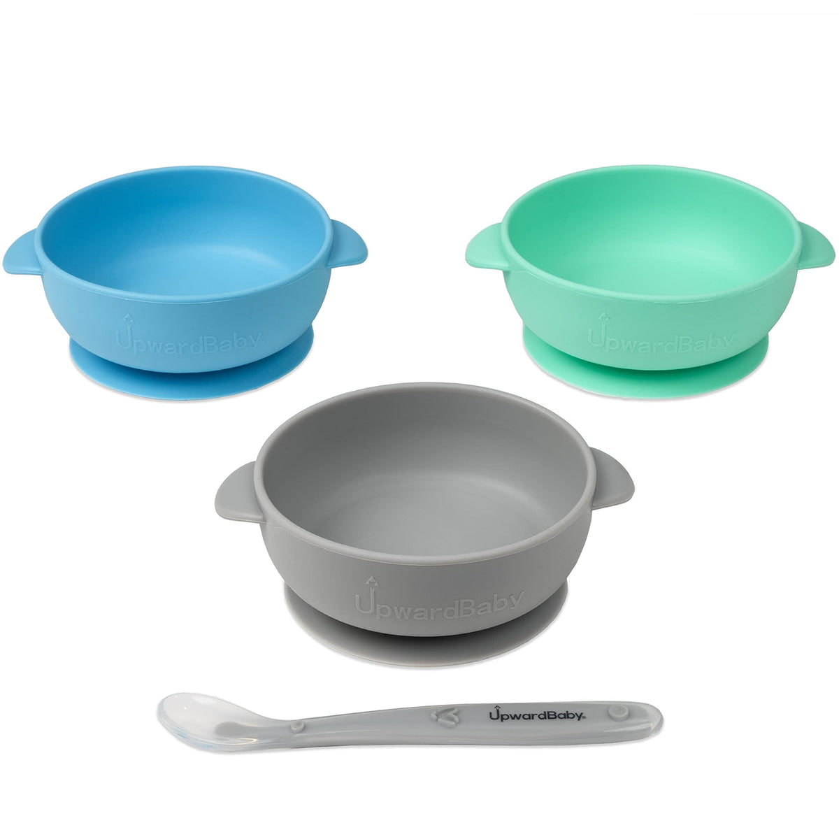 UpwardBaby - Juego de cucharas de silicona autoalimentables, 4 piezas, cuencos y cucharas de succión multicolores, sin BPA, apto para microondas y lavaplatos, cuencos para bebés con succión