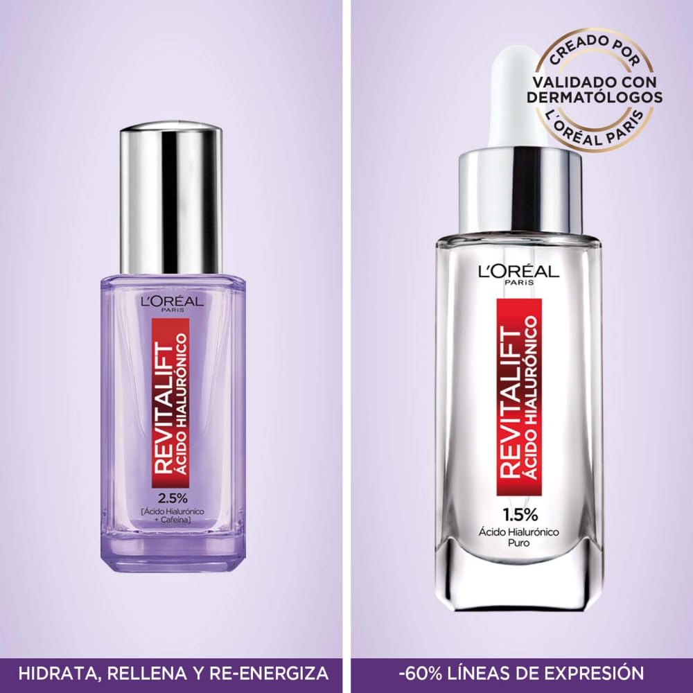 L'Oréal Paris Kit Ácido Hialurónico: Sérum Rostro + Sérum Ojos, 2 piezas. Hidrata intensamente y rellena líneas de expresión