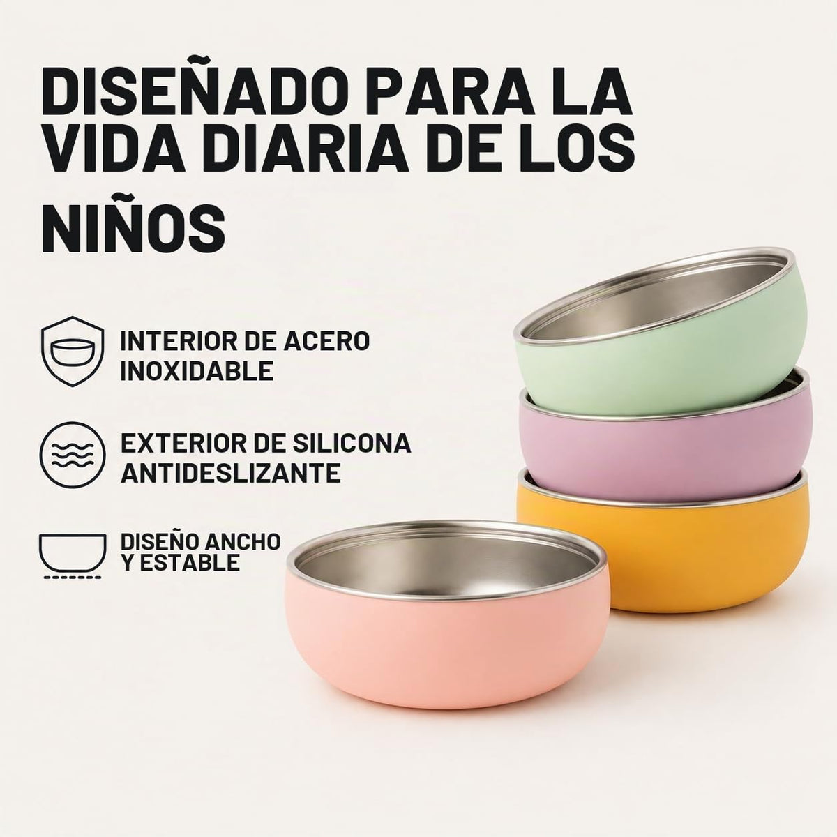 Monkey Proof - tazón para niños de acero inoxidable no tóxico de 5 pulgadas con carcasa de silicona antideslizante, (juego de 4 tazones) irrompible, sin desorden para bebés, niños pequeños, sin BPA