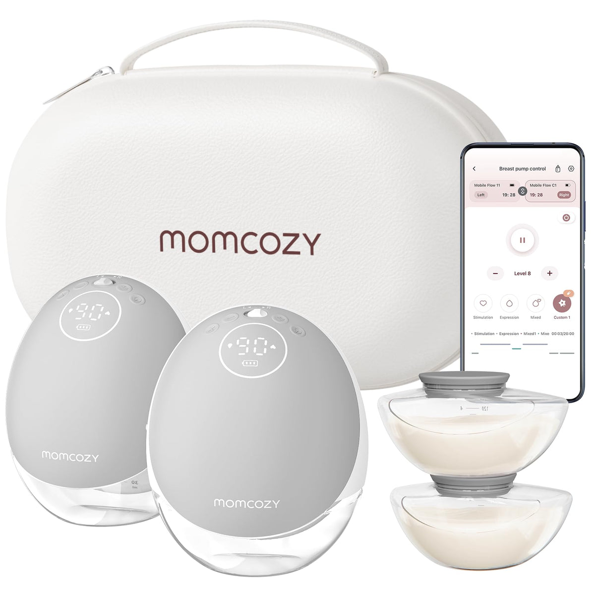 Modos Personalizados y 15 Niveles, Brida 24 Mm, Paquete de 2, Gris Pluma, Momcozy, BREAST_PUMP, Momcozy
