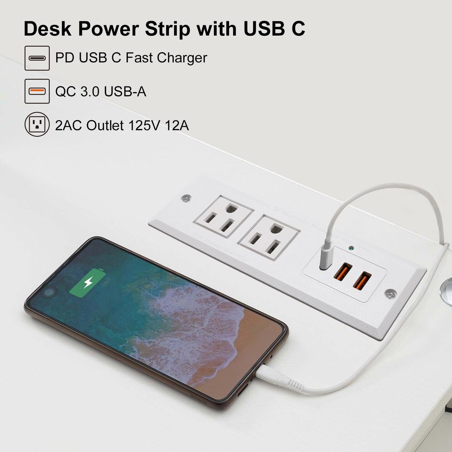 4 LEAF Regleta Multicontacto Escritorio USB C 20W PD Carga Rápida, Tira de Alimentación Empotrable Tipo C 2 Contactos 3 USB Muebles Outlet para Mesa Sofá Console Cajon Encimera 2 Metros Blanco