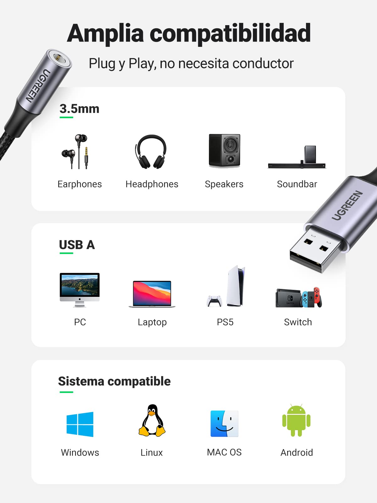 UGREEN Adaptador USB 2.0 a 3,5mm, Adaptador de Auriculares para Micrófno TRRS, Auriculares Chip DAC, USB a Auxiliar, Compatible con Windows Mac Linux, PC, Portátiles, PS5, PS