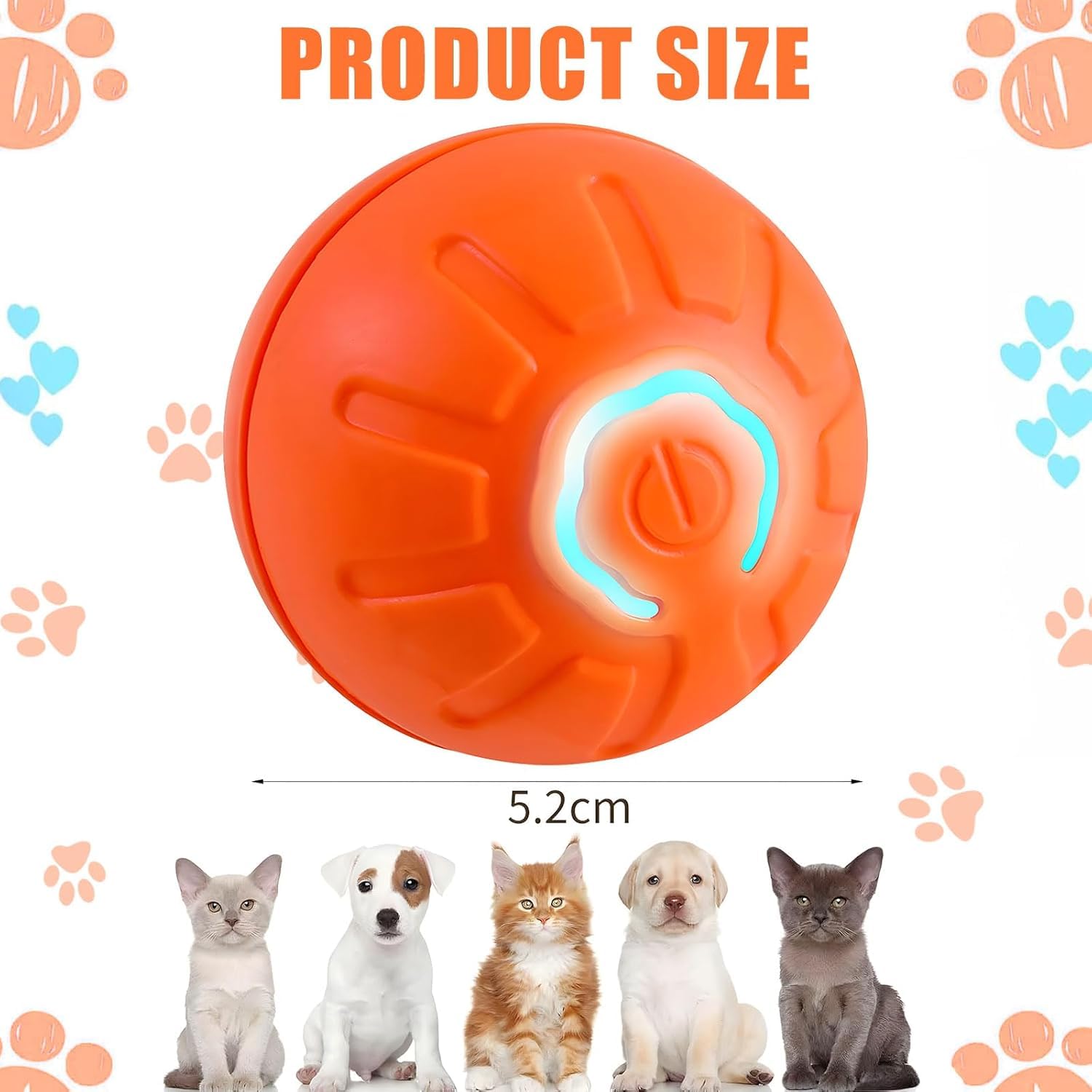 LJ-CL Pelota de Juguete para Perros Inteligente,USB Rechargeable Durable Motion Dog Toys Automatic Rolling Ball Toys for Puppy/Small/Medium/Large Dogs (Naranja)
