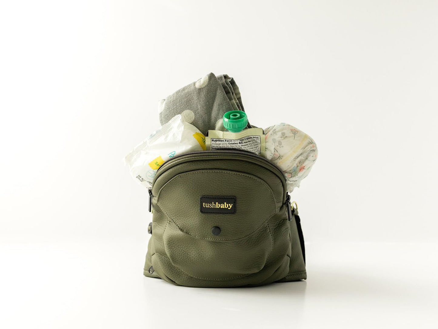 Cangurera Ergonómica Tushbaby Olivo Piel Vegana con Soporte de Cadera para Bebé