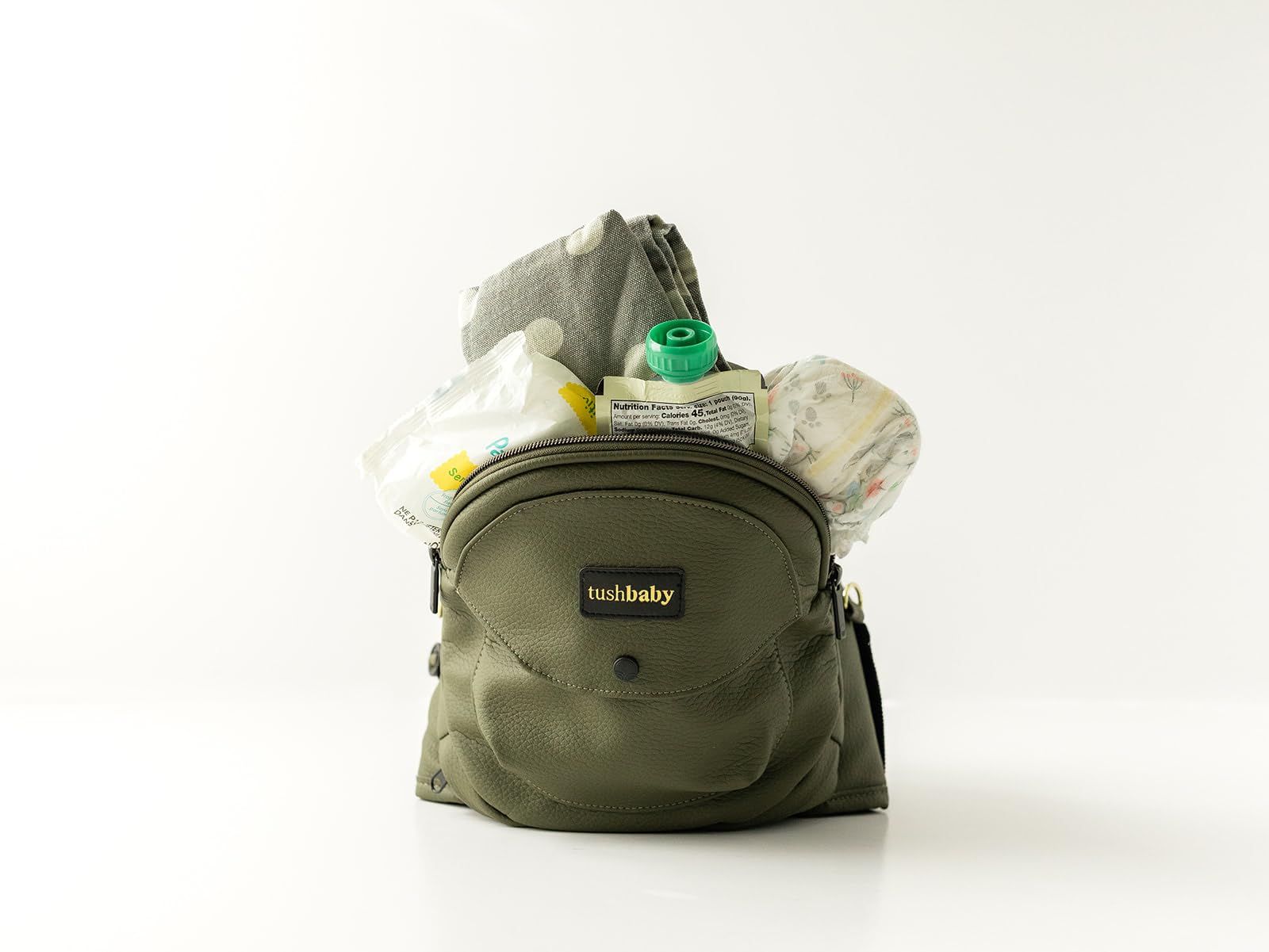 Cangurera Ergonómica Tushbaby Olivo Piel Vegana con Soporte de Cadera para Bebé