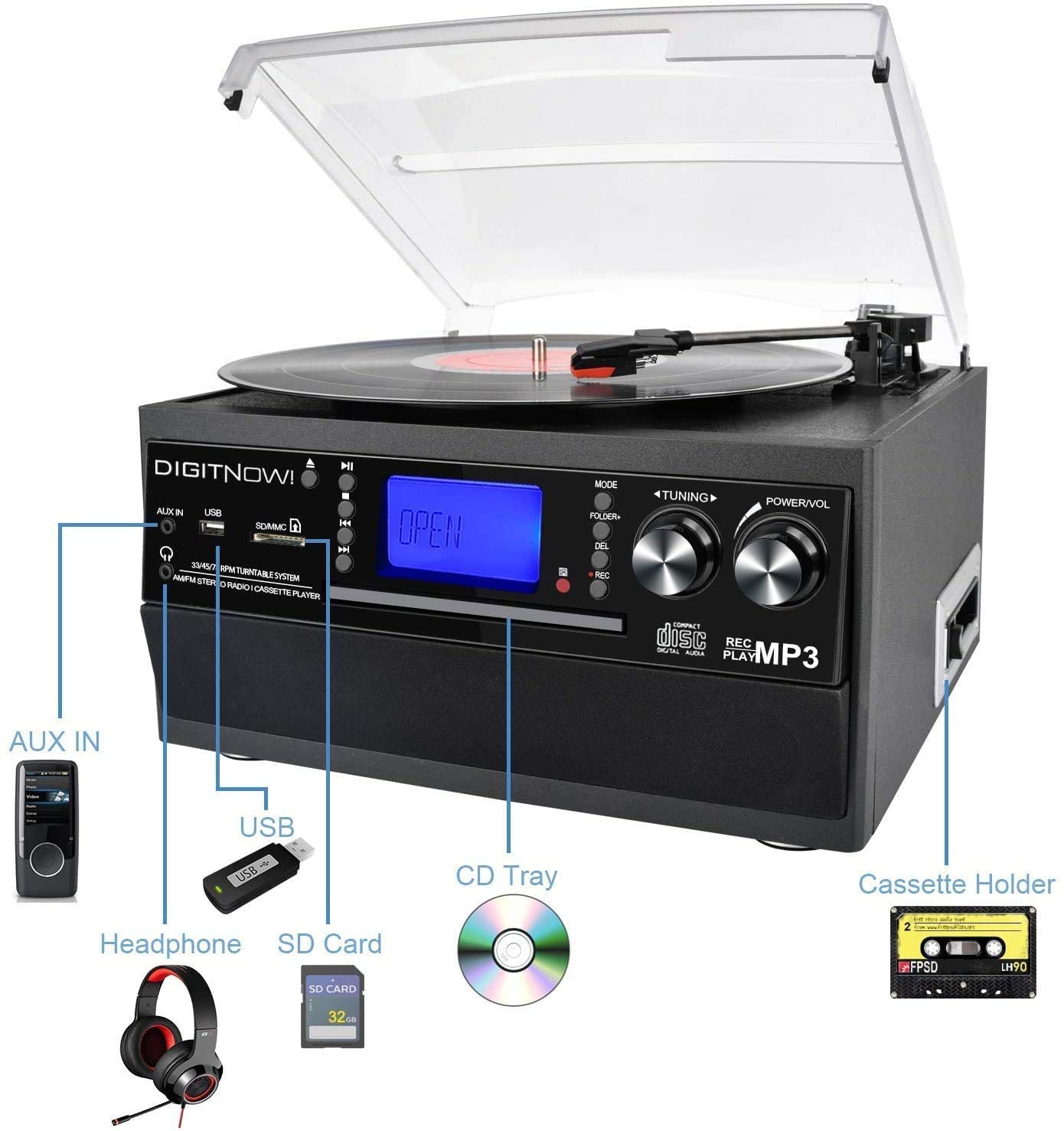 DIGITNOW - Tocadiscos Bluetooth con altavoz estéreo, convertidor de vinilo LP a MP3 con CD, casete, radio, entrada auxiliar y codificación USB/SD, control remoto, reproductor de música de audio