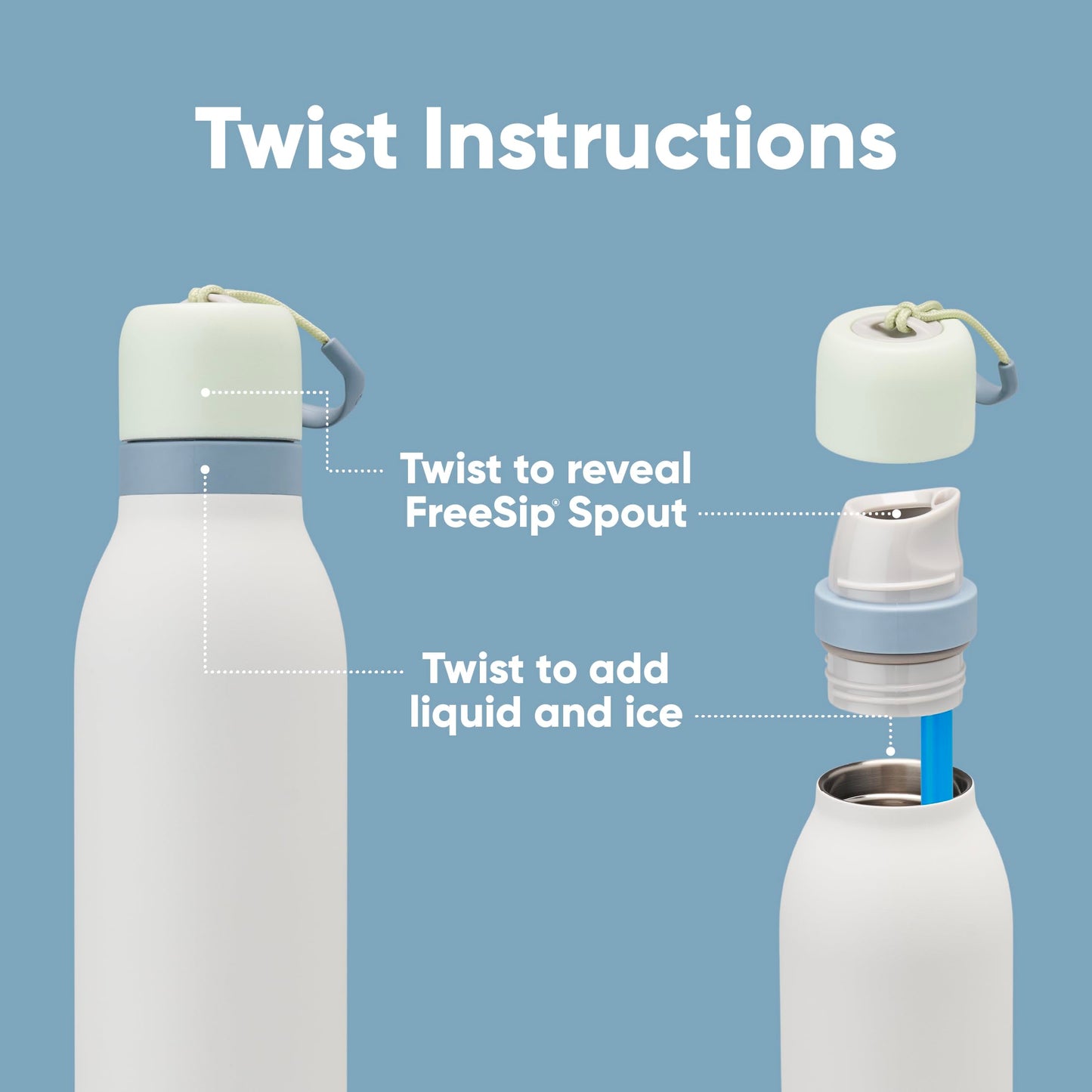 Botella de Agua de Acero Inoxidable Owala Menta Blanco con Popote para Deportes y Viajes