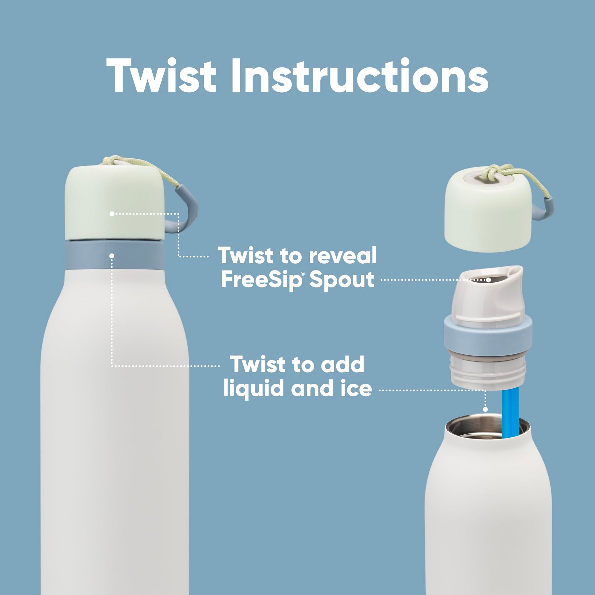 Botella de Agua de Acero Inoxidable Owala Menta Blanco con Popote para Deportes y Viajes