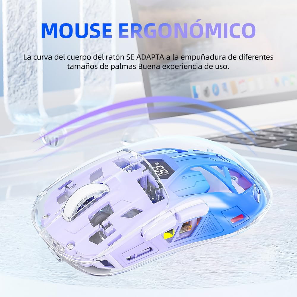 Free Wolf Mouse Inalámbrico A2, Bluetooth y 2.4GHZ Dual Modos, Ratón Recargable con Pantalla de Batería, 4000DPI Ajustable Transparente RGB Mouse Gamer