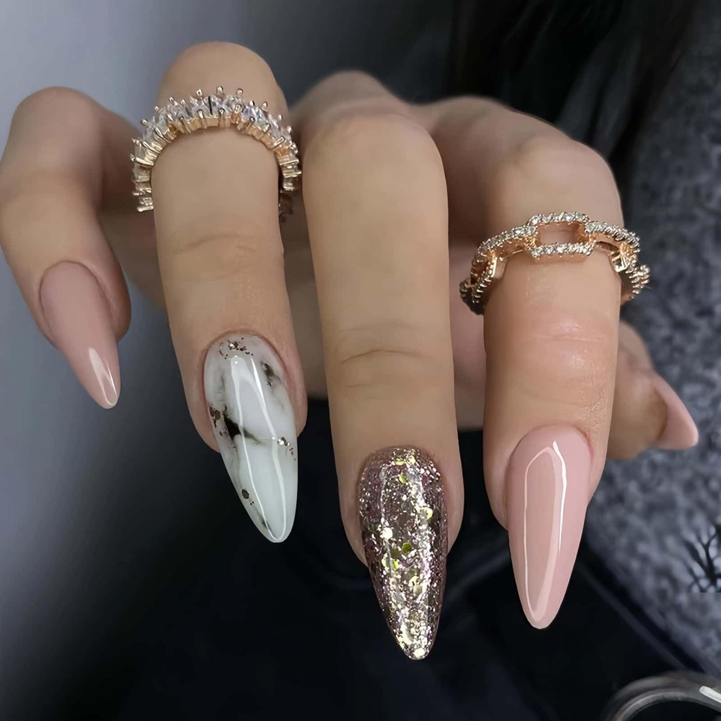 CLYHLTMZ Uñas postizas plateadas con estampado de leopardo blanco, uñas acrílicas postizas de color almendra mediano, uñas postizas adhesivas de cobertura completa, uñas artificiales rosas brillantes