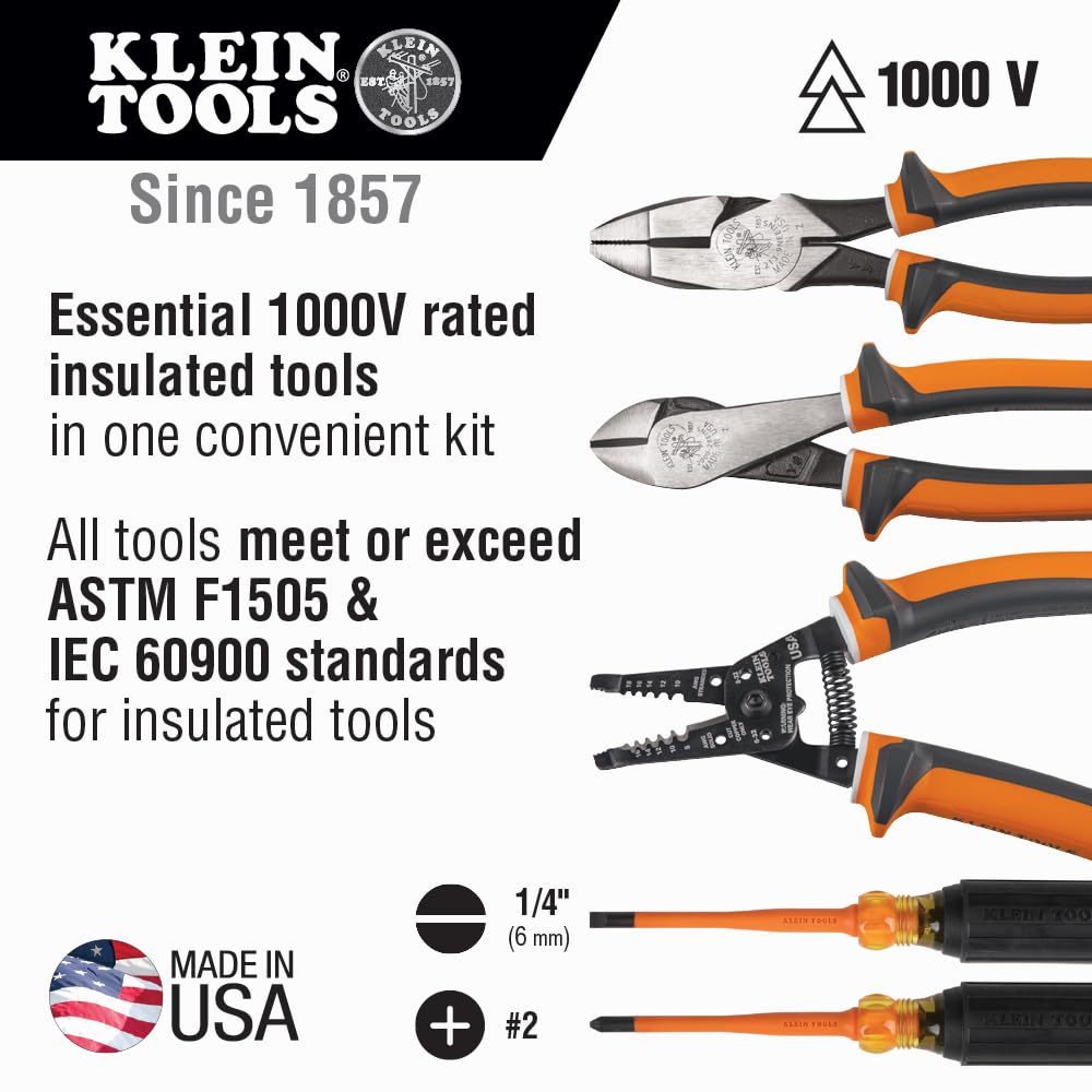 Klein Tools 94130 - Juego de herramientas de destornillador aislado de 1000 V con puntas delgadas Phillips #2 y gabinete de 1/4 pulgadas, 2 alicates y pelacables
