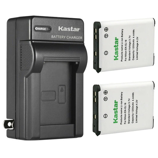 Kastar - Paquete de 2 baterías EN-EL19 y cargador de pared de CA de repuesto para Nikon Coolpix W100, Coolpix W150, Coolpix S100, Coolpix S2500, Coolpix S2550, Coolpix S2600, Coolpix S2700, Coolpix