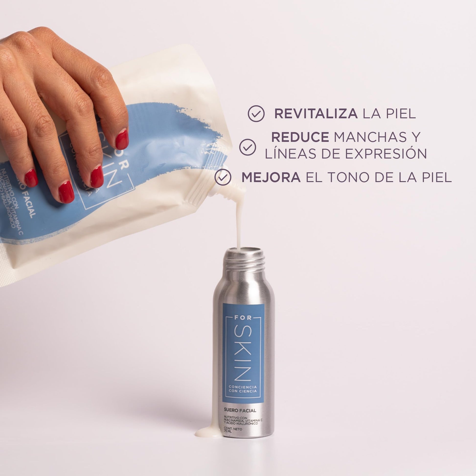 For Skin Suero nutritivo regenerador 75 ml | Vitamina C, niacinamida, coenzima Q-10, ácido hialurónico y colágeno | Extractos de Aloe Vera y Manzanilla | Refill