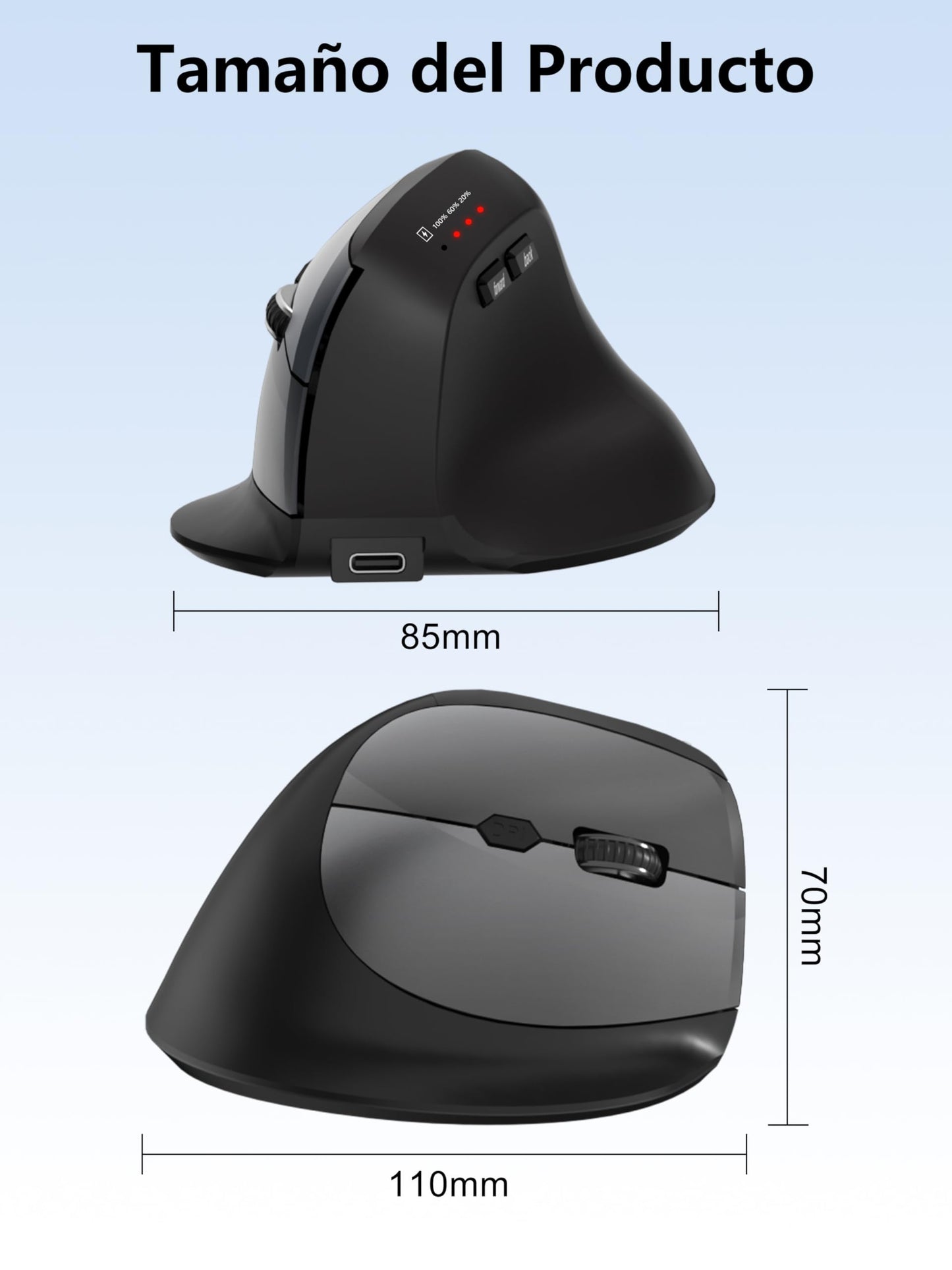 Ratón Vertical Bluetooth 5.2 Minielec Negro Ergonomía Recargable USB C 2.4Ghz 3 Niveles dpi