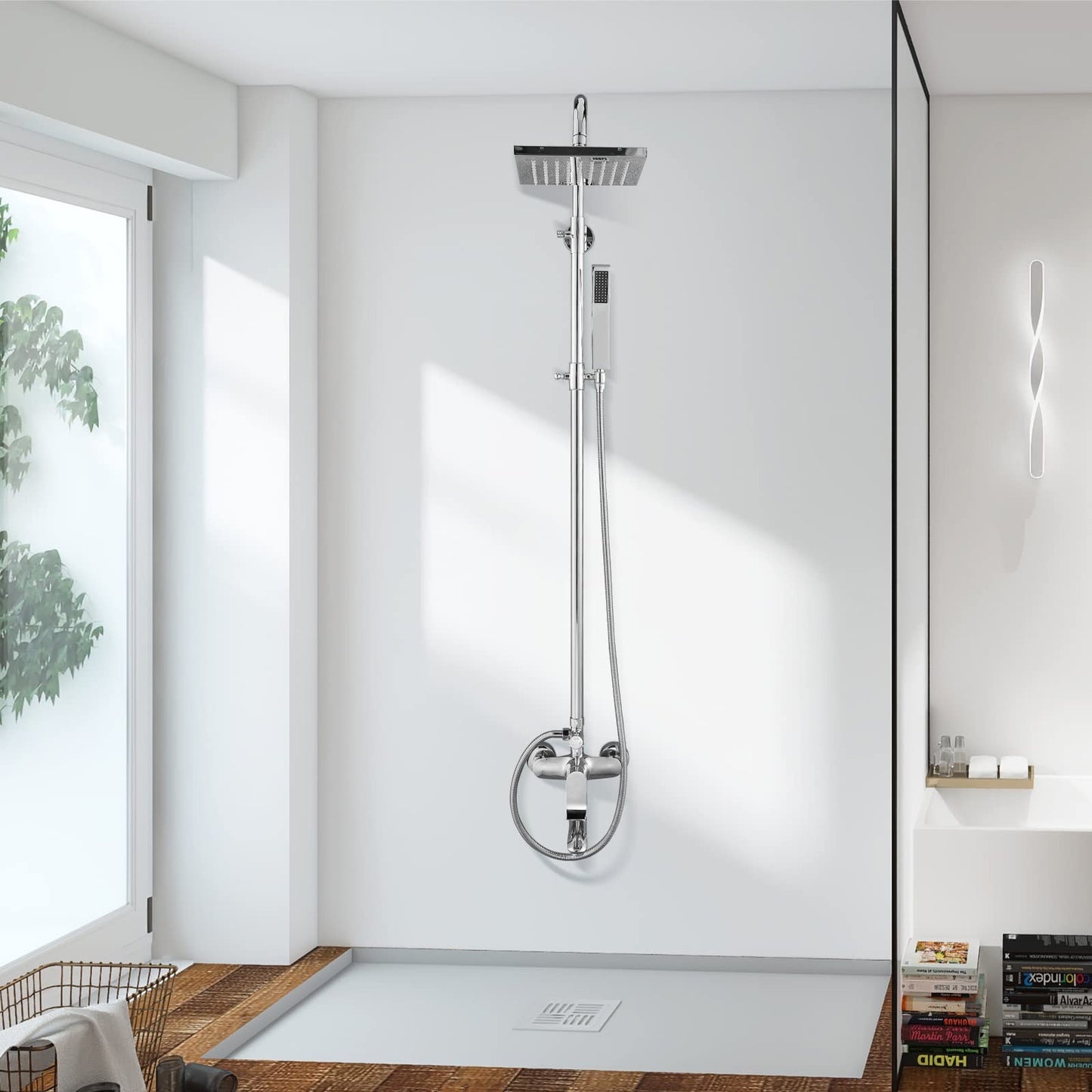 Heyalan - Sistema de ducha expuesto chapado en cromo pulido 3 funciones, juego de llave de ducha de baño cuadrado de 8 pulgadas, cabezal de ducha de lluvia, montaje en pared, juego de 8 duchas