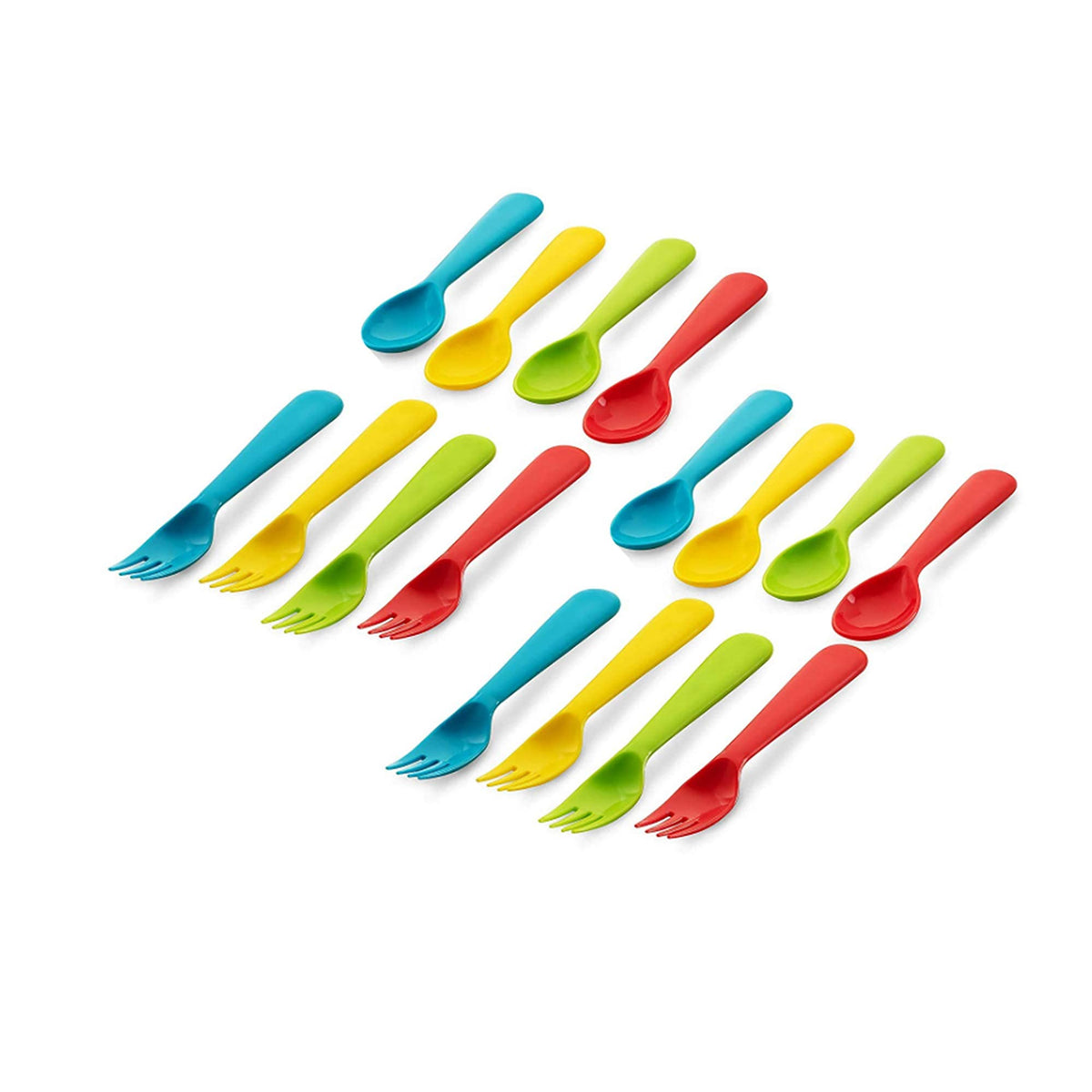 Plaskidy - Juego de utensilios de plástico para niños pequeños, 8 tenedores y 8 cucharas para niños, sin BPA, apto para lavaplatos, cubiertos de colores brillantes, ideal para niños pequeños