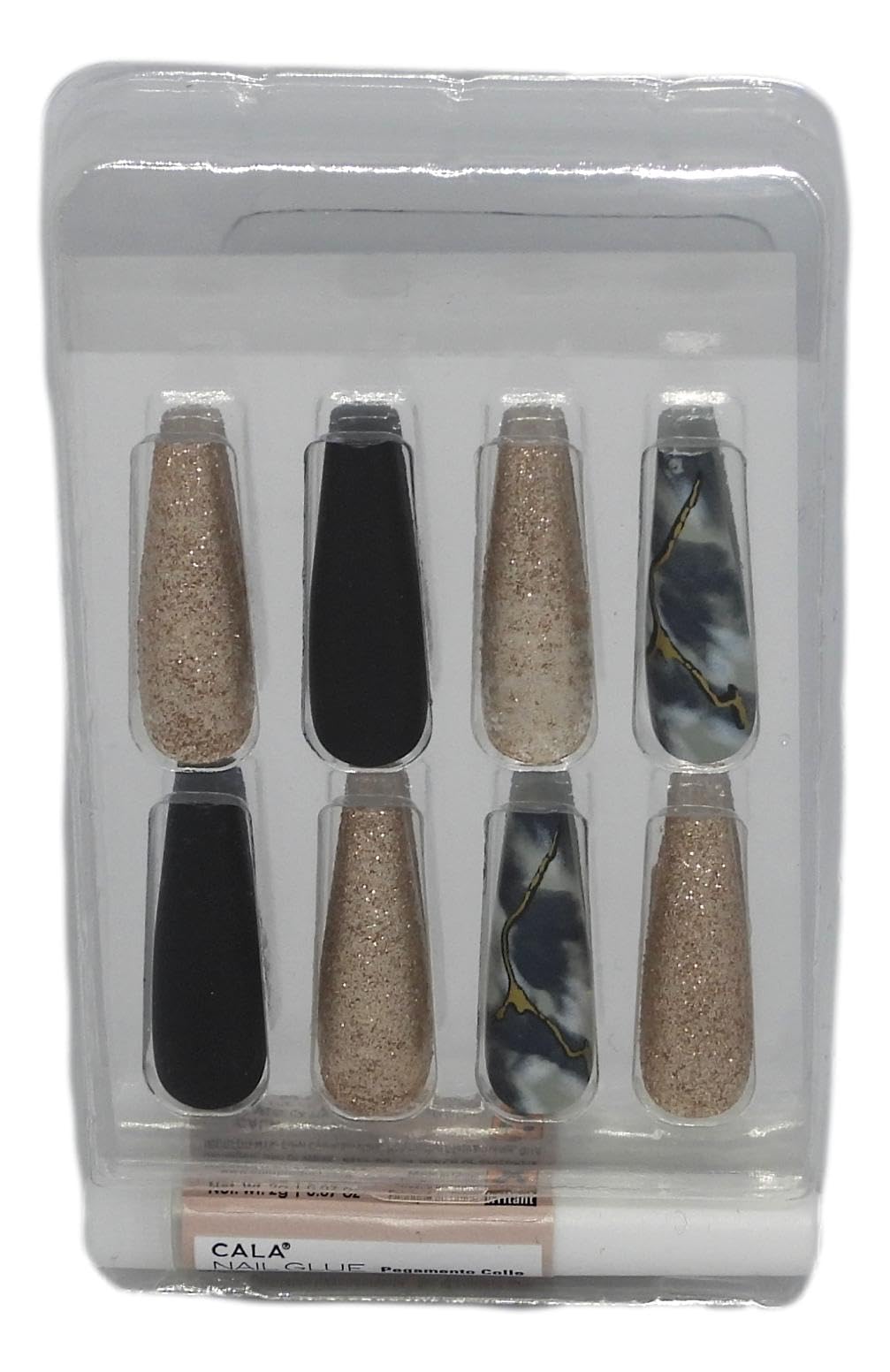 CALA - "Lavish Touch" uñas postizas largas (24 uñas en 12 tamaños, mármol y negro)