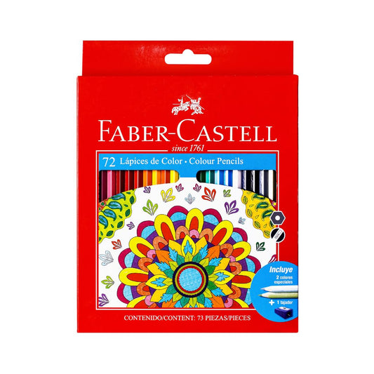 Faber Castell 72 Lápices de colores con una variada paleta que abarca desde tonos básicos y primarios hasta colores secundarios y matices más sutiles
