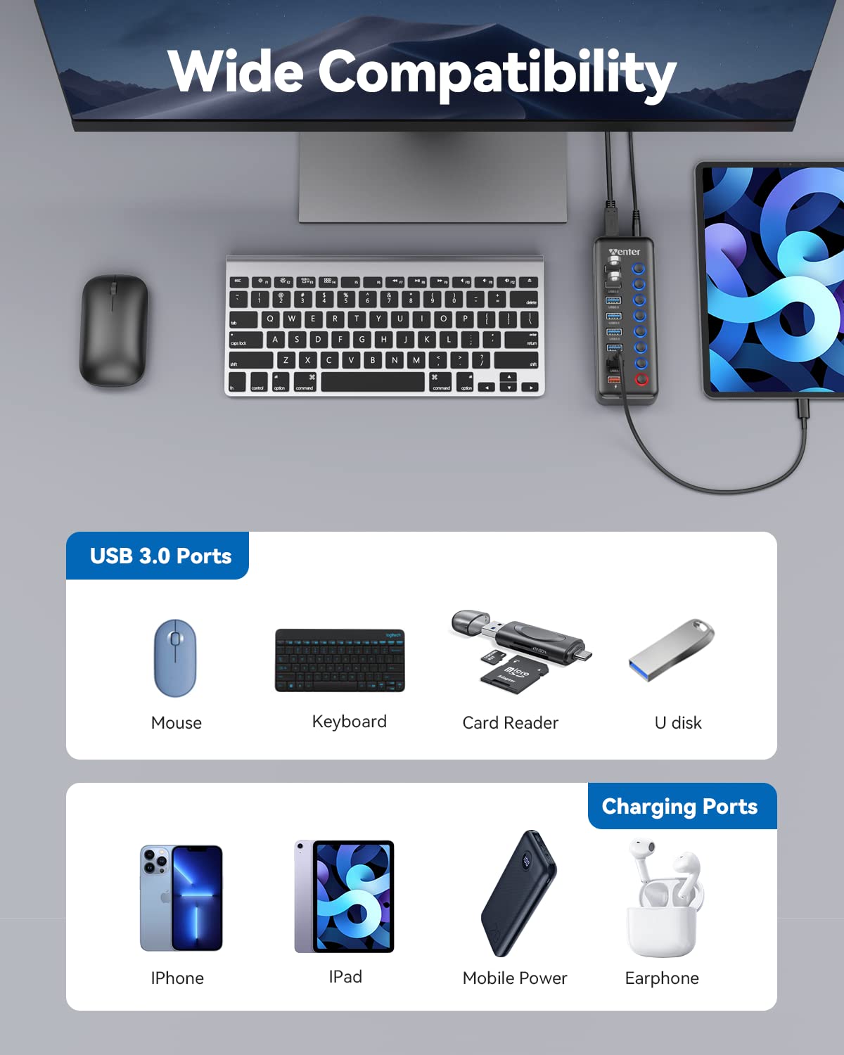 Hub USB alimentado 3.0, Wenter 8 puertos USB Splitter Hub (7 puertos de transferencia de datos más rápidos + 1 puerto de carga inteligente) con interruptores LED individuales de encendido/apagado, Hub