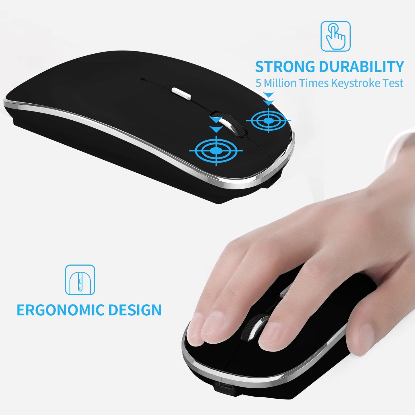 Leolee Mouse Inalámbrico, Ratón Inalámbrico Recargable, Mouse Wireless con 2.4G, óptico Silencioso Click, Receptor USB y Tipo-c Adaptador 3 Ajustable dpi para Computadora, Portátil, PC, Mac (Negro)