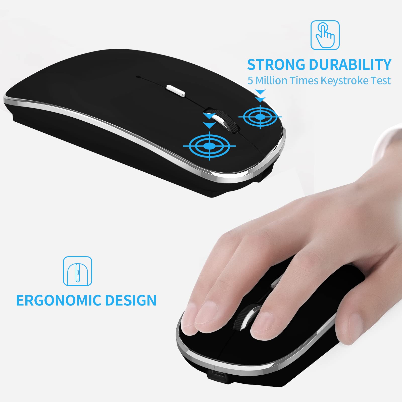Leolee Mouse Inalámbrico, Ratón Inalámbrico Recargable, Mouse Wireless con 2.4G, óptico Silencioso Click, Receptor USB y Tipo-c Adaptador 3 Ajustable dpi para Computadora, Portátil, PC, Mac (Negro)