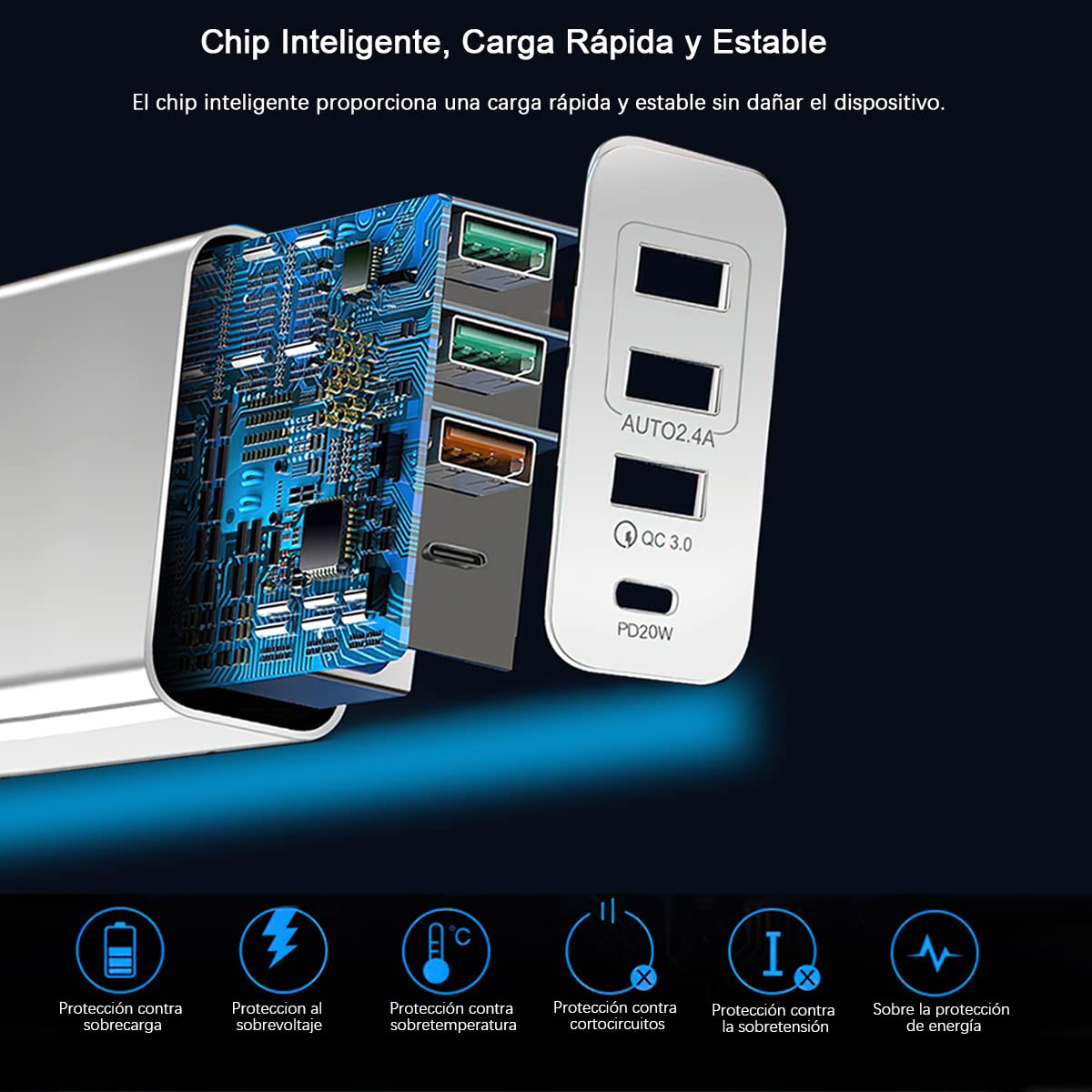HONGHCL Cargador de Carga Rápida 36W 4 en 1, Cargador USB C y 3 USB A 3.0, Cargador Portátil con 4 Puerto Cargadores, Cargador Rapido Viaje con QC 3.0, PD20W, Compatible para Celular, Laptop y más