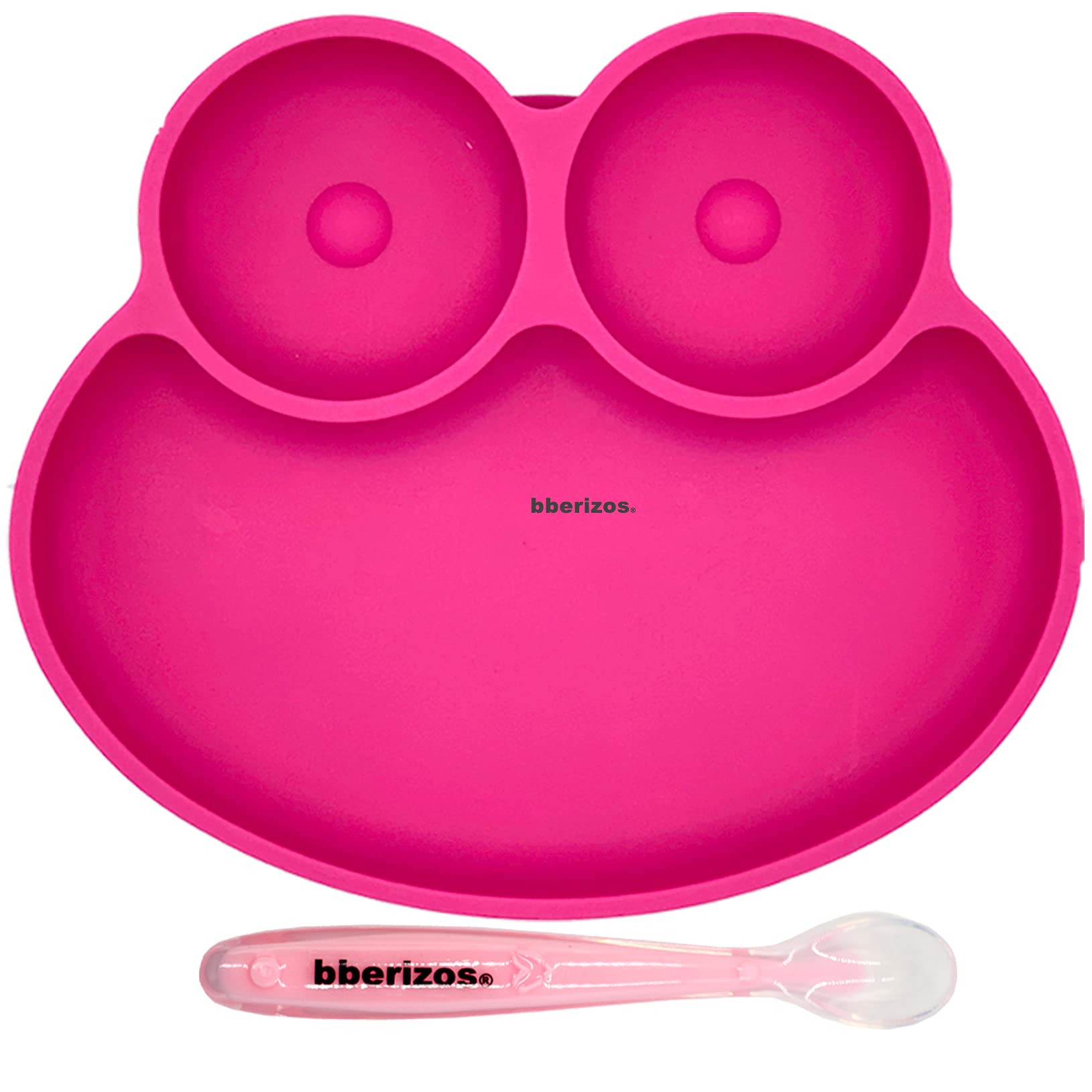 BBERIZOS Plato Antideslizante Cuchara Suave Encías Set Alimentación de Silicona para Bebe Infantil con Divisiones para Niños Grado Alimenticio para Papillas Alimentos Sólidos Snakcs Sin BPA Sin PVC (Fiucsa)