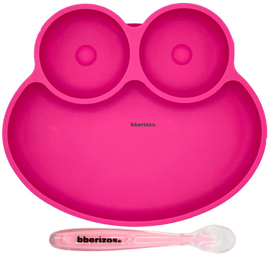 BBERIZOS Plato Antideslizante Cuchara Suave Encías Set Alimentación de Silicona para Bebe Infantil con Divisiones para Niños Grado Alimenticio para Papillas Alimentos Sólidos Snakcs Sin BPA Sin PVC (Fiucsa)