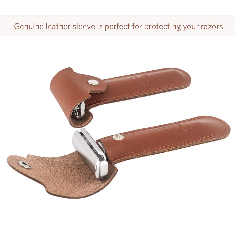 Safety Shaving Razor Set, River Lake RZ700 Long Handle Stainless Adjustable Double Edge Classic Safety Shaver Razor (1 Razor, 1 Stand, 1 Leather Protective Sleeve & 10pcs DORCO blades)