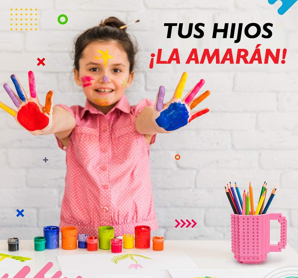 John & John Taza armable de diseño Divertido para Ladrillos, Incluye un muñeco y 2 Sets de Bloques de construcción para Jugar (10 Colores) - Rosa Claro