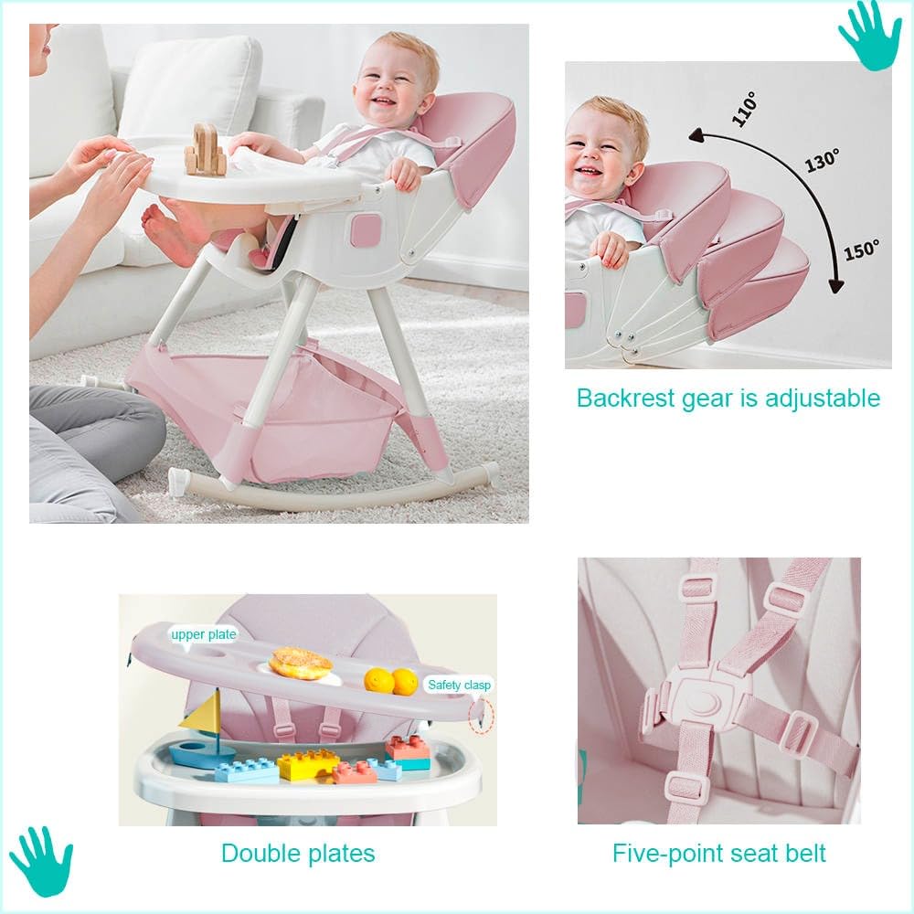 Silla alta para bebe, silla periquera para comer silla para bebe 6 en 1 con babero vaso entrenador y plato de comida, facil de armar, plegable multifuncion (Rosado)