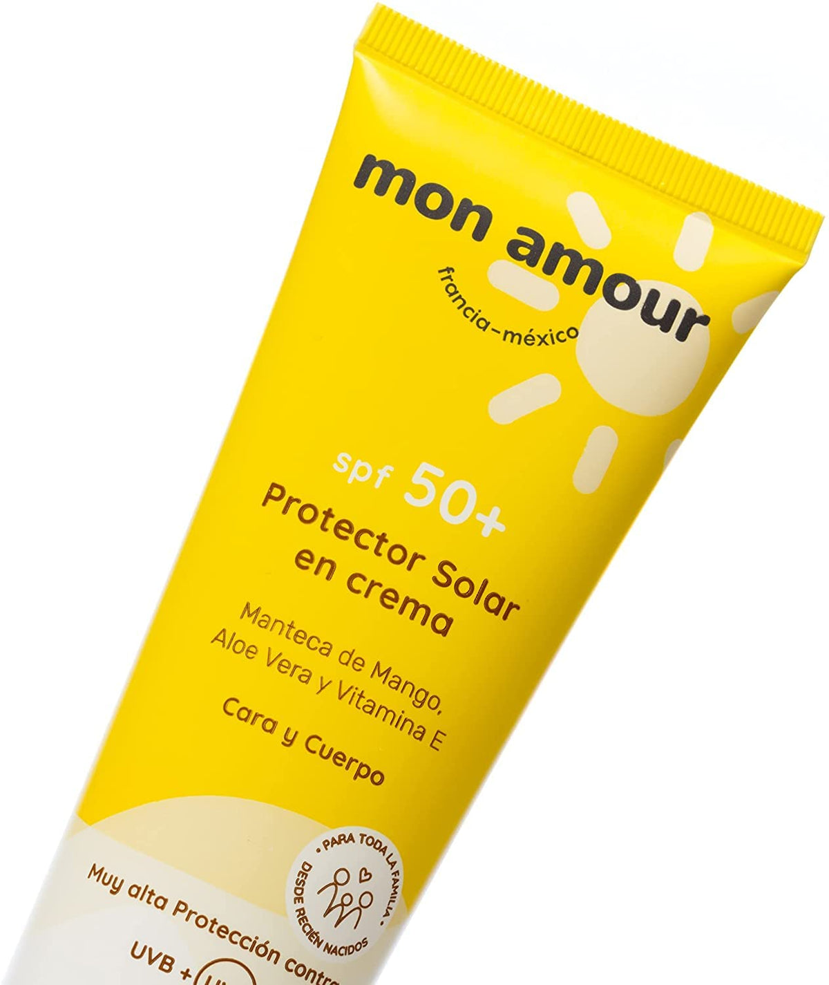 Mon Amour Protector Solar De Alta Protección SPF 50+ En Crema Para Cuerpo y Cara Con Activos Naturales de Manteca de Mango y Aloe Vera Para Pieles Delicadas De Bebés, Niños y Toda La Familia Desde Recién Nacidos 120 ML