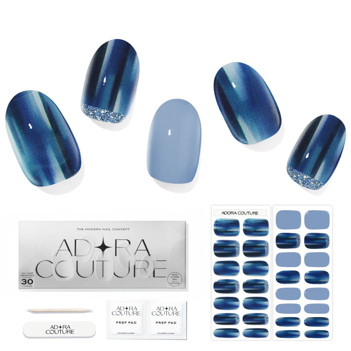 Tiras de Uñas de Gel Adora Couture Azul Brillante con Purpurina para Mujer