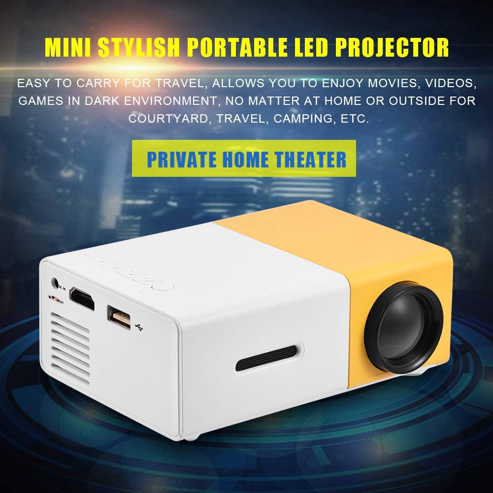 Junluck Mini Proyector Full HD 1080P Vídeo Proyector de Cine en Casa Portátil para Interiores/Exteriores/Fiesta/Camping Compatible con Laptop/PC/Smartphone/HDMI/VGA/USB/AV(Blanco + Amarillo)