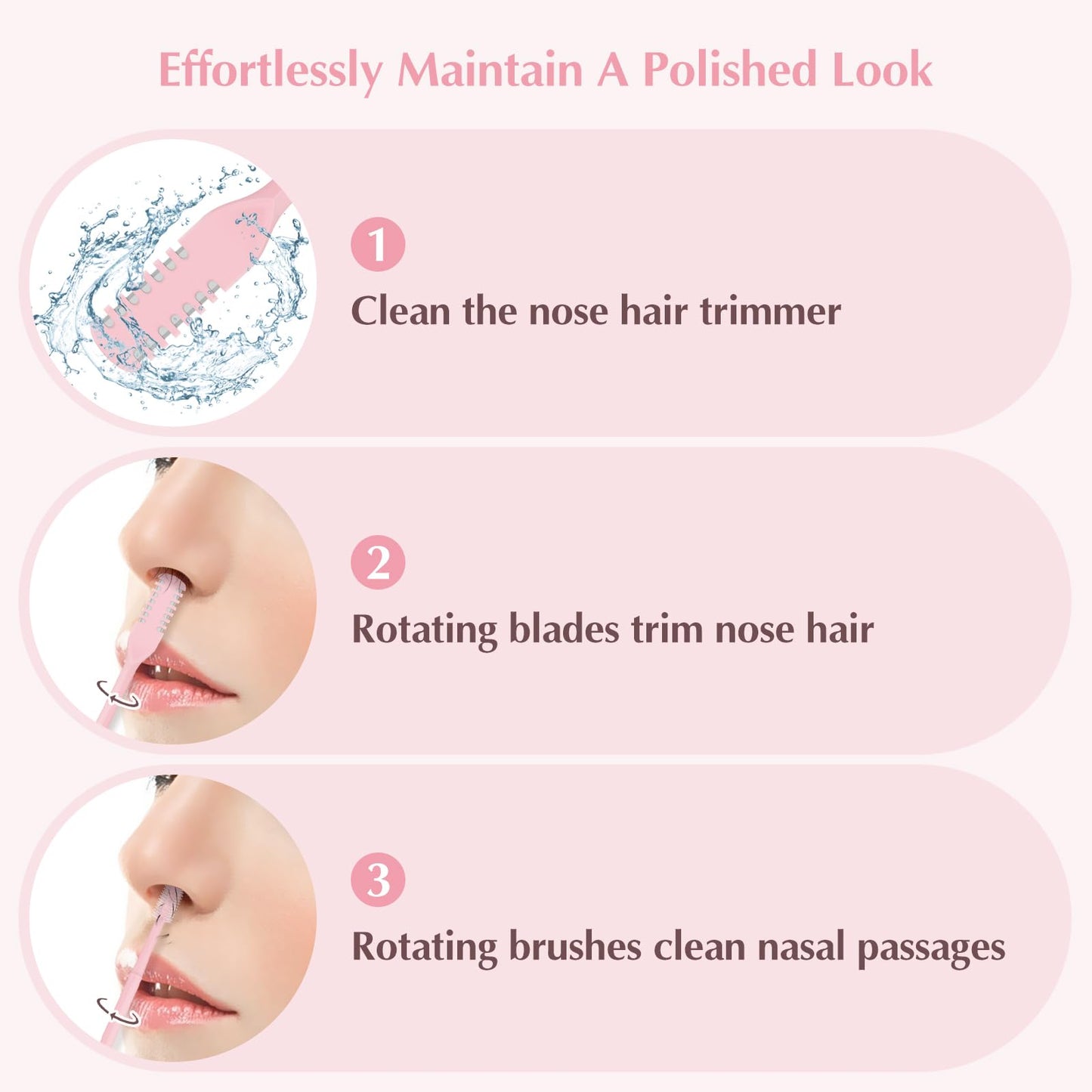 FLATRI - Cortador de pelo nasal 2 en 1, con rotación de 360°, doble cara, manual de recortadora de nariz portátil para mujeres y hombres (rosa)