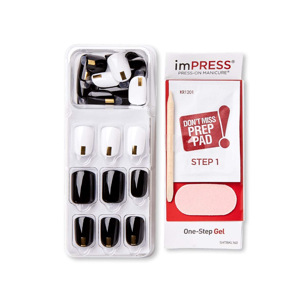 imPRESS Design - Uñas a presión, unidad de medianoche, blanco y negro, corto, tamaño, esclavo, forma, incluye 30 uñas, almohadilla de preparación, hoja de instrucciones, 1 barra de manicura, 1 mini