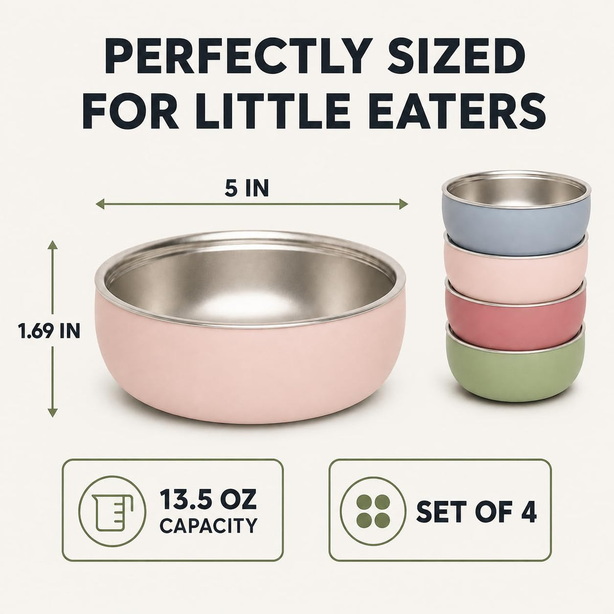 Monkey Proof™ - tazón para niños de acero inoxidable no tóxico de 5 pulgadas con carcasa de silicona antideslizante, (juego de 4 tazones) irrompible, sin desorden para bebés, niños pequeños, sin BPA