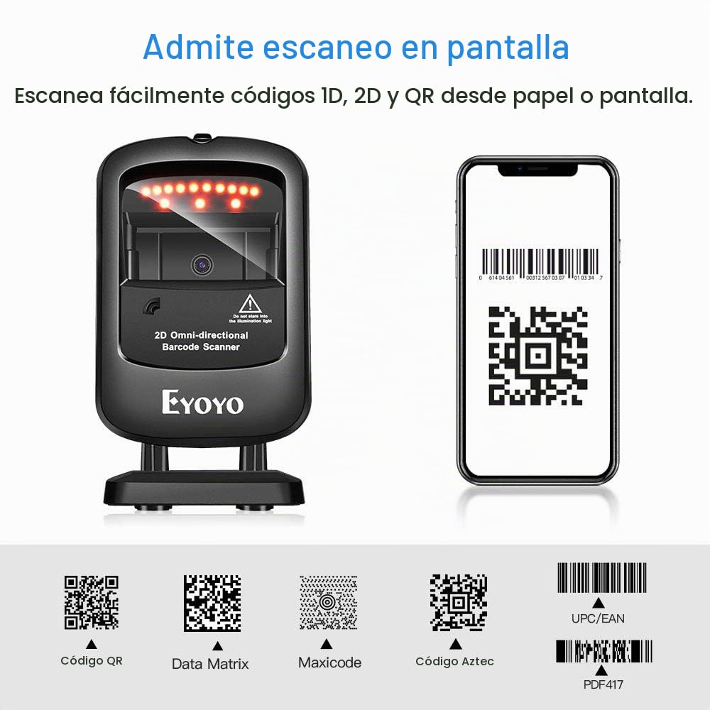Escáner de Código de Barras Eyoyo Negro Omnidireccional USB Manos Libres