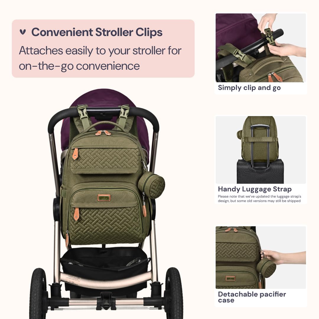 BabbleRoo - Mochila cambiadora para pañales, para bebé, unisex, con colchoneta cambiadora, portachupete y correas para carriola - Bolsa de viaje grande impermeable para niños y niñas, verde, 1 Count
