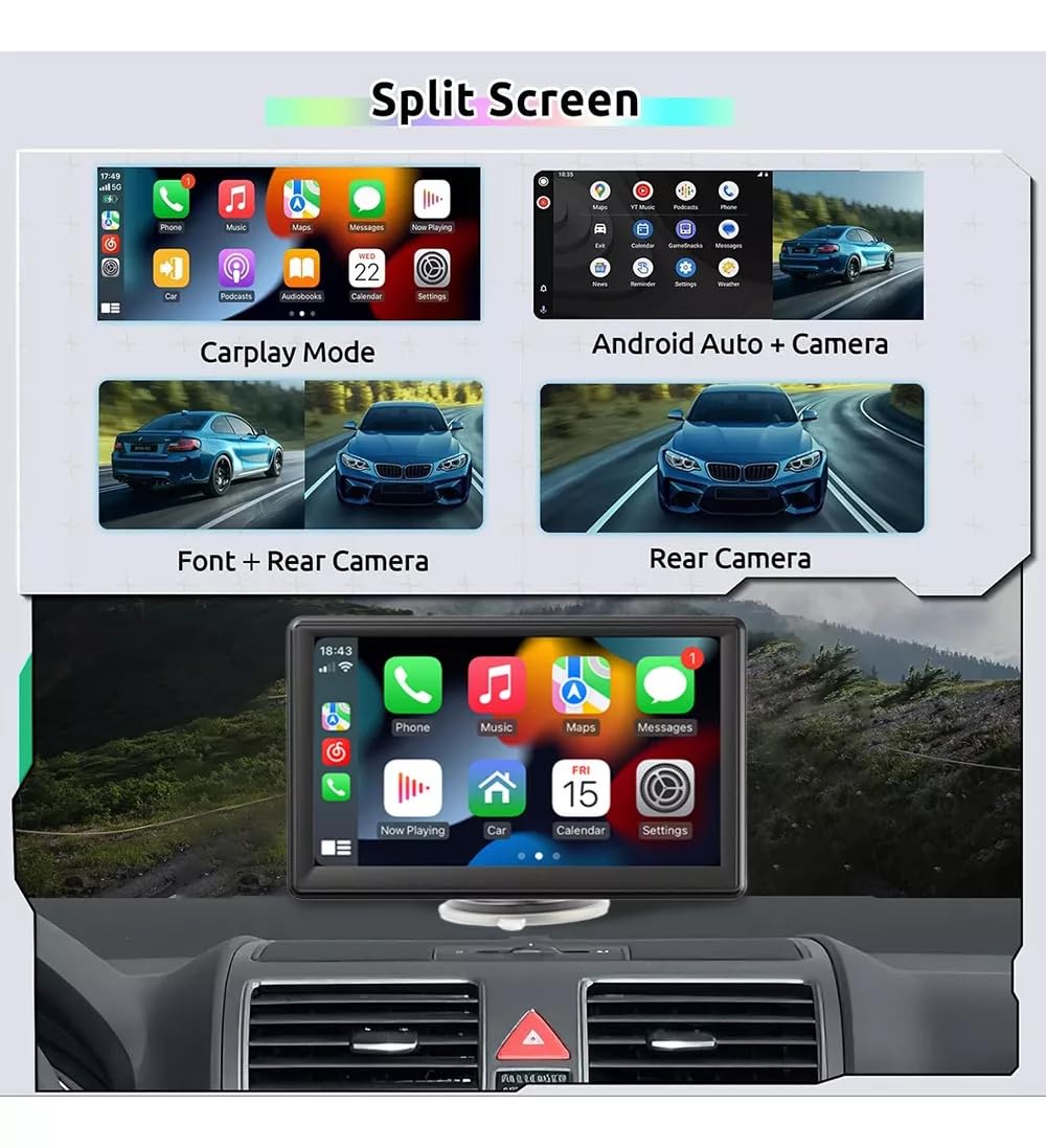 FINYQBET Pantalla Inalámbrica Estéreo para Coche, 7 Pulgadas, Apple Carplay & Android Auto/Mirror Link, IPS HD Pantalla Completa Táctil, Control de Voz, FM, AUX, TF + Cámara Trasera