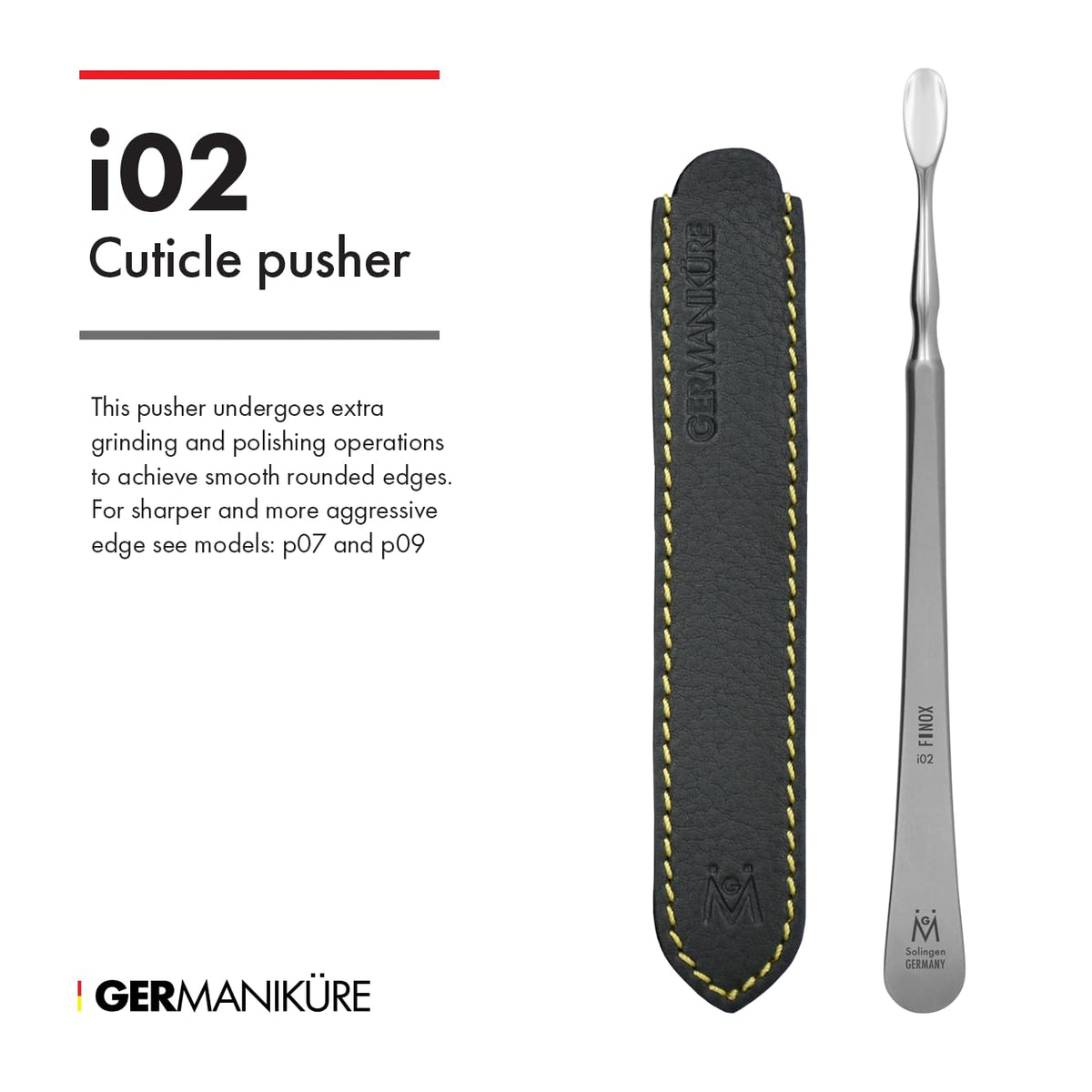 Stainless steel cuticle pusher in leather case. Made by GERmanikure in Solingen, Germany