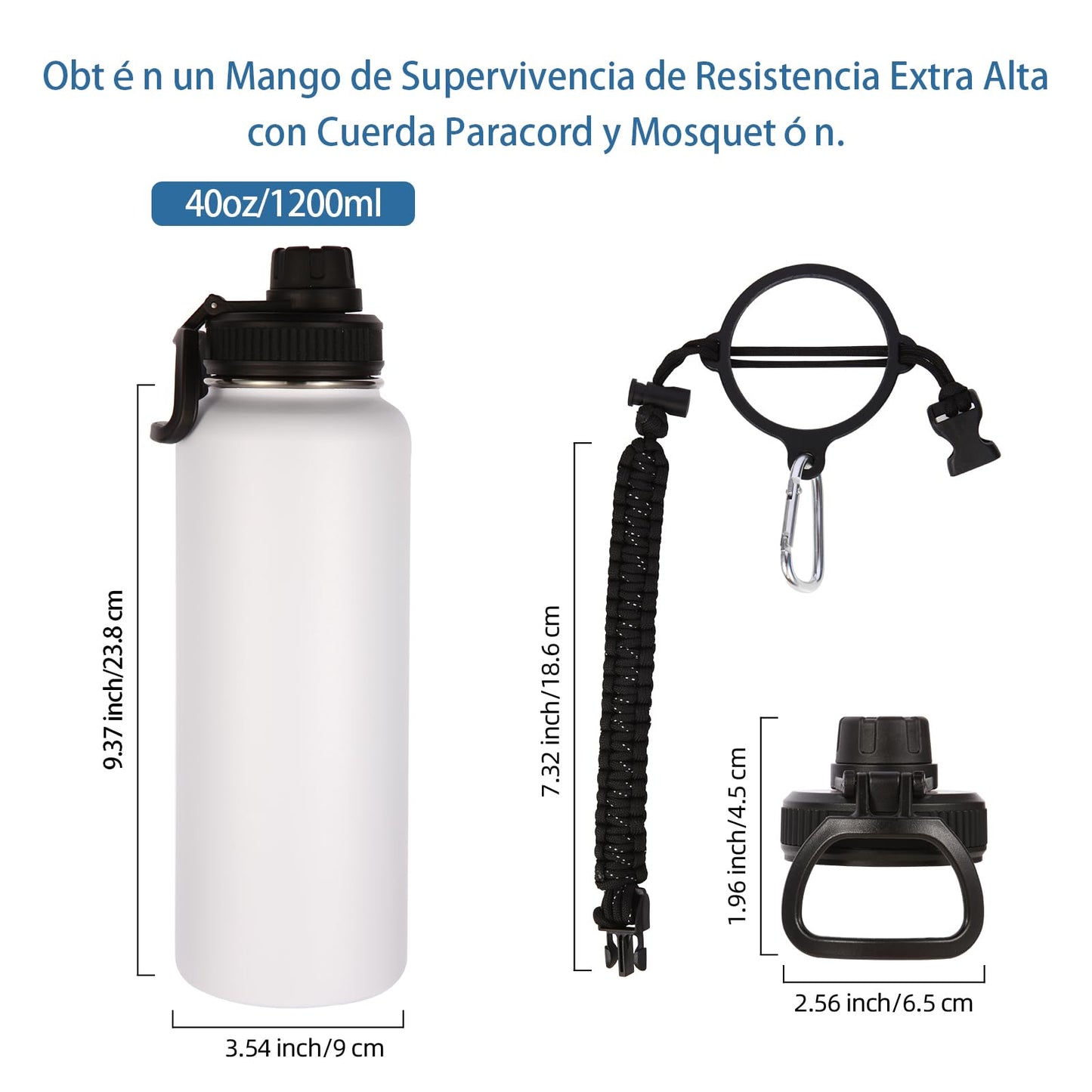 Botella Deportiva Volhoply Blanca con Mango de Paracaídas y Tapa de Boquilla