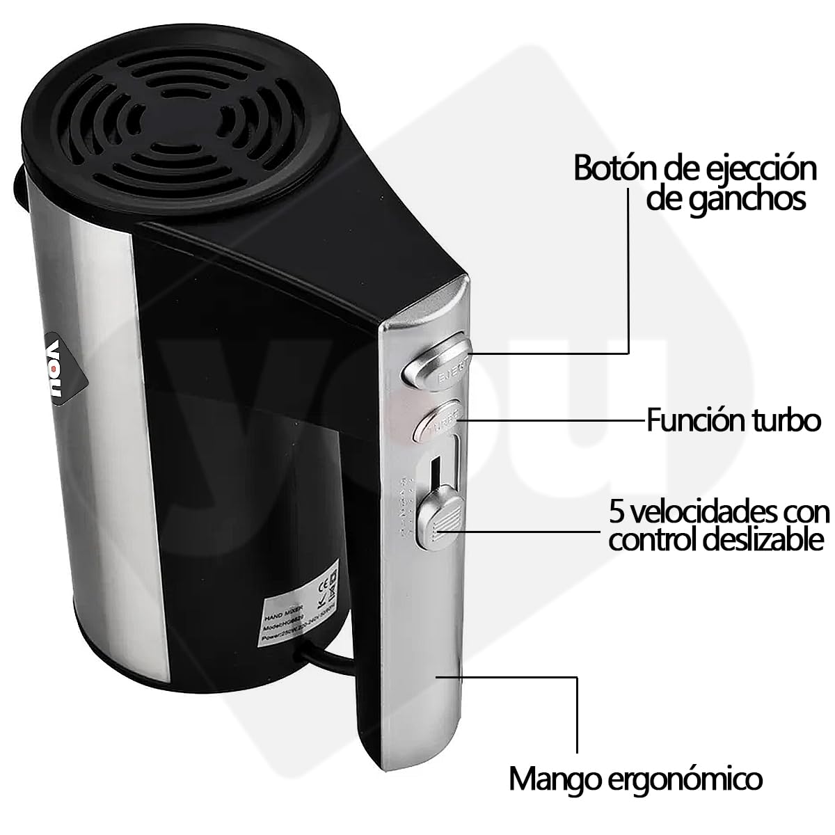 Batidora De Mano Electrica 5 Velocidades 800w Funcion Turbo Cilindrica Con base y Accesorios