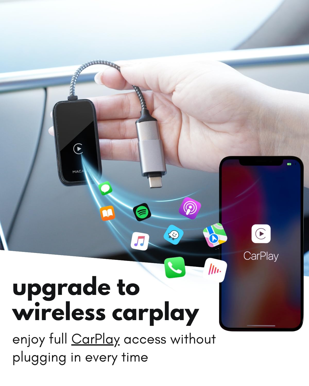 Adaptador Inalámbrico Apple CarPlay iPhone USB C y A para Coches 2017 o Más Nuevos