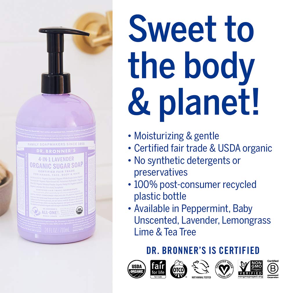 Dr. Bronner's | Jabón líquido de azúcar orgánico, hidratante y nutritivo, para manos, cuerpo, rostro y cabello; certificado vegano - Lavanda, 710 ml
