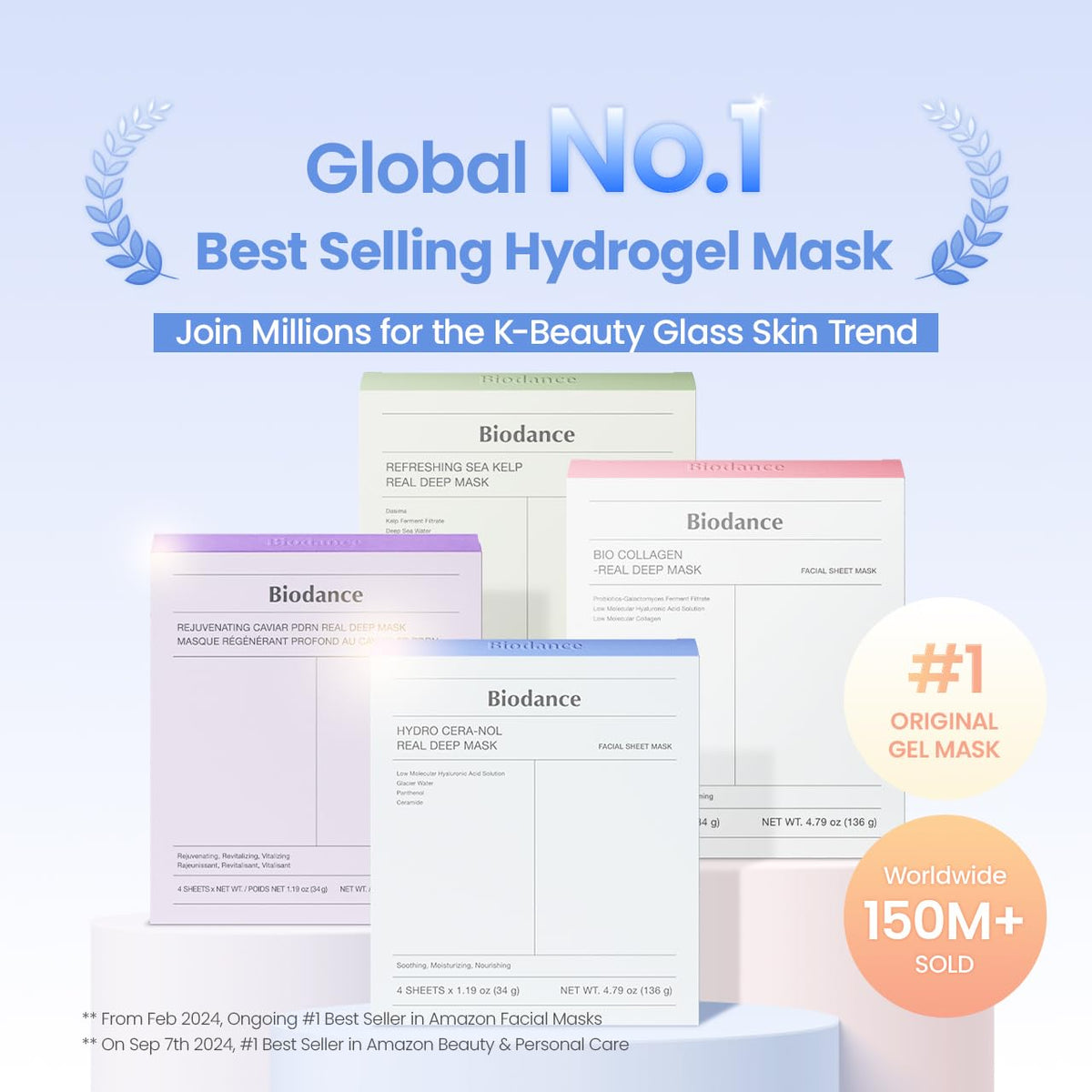 BIODANCE Mascarilla Facial de Hidrogel Hydro Cera-nol Real Deep Mask - Hidratante con Ácido Hialurónico, Pantenol y Ceramida para Piel Sensible 4 Piezas