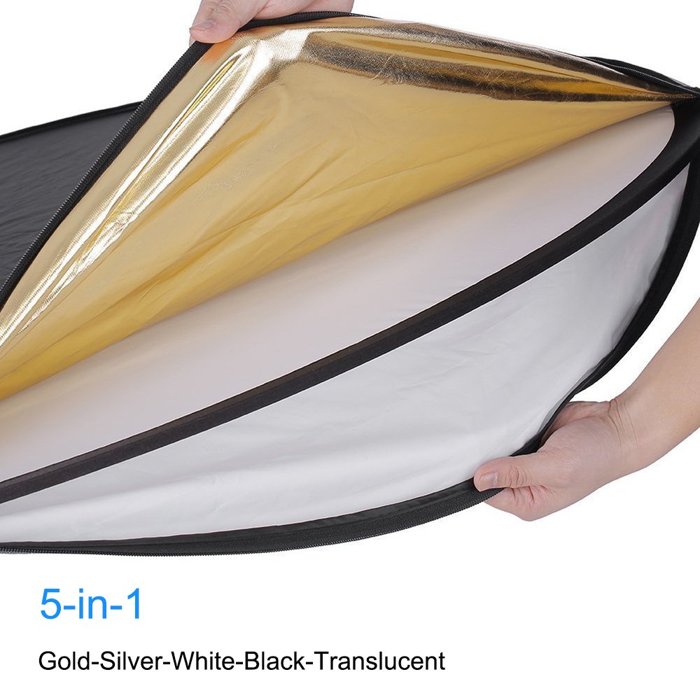Photography Reflector 24" / 60cm 5-in-1 Collapsible Multi-Disc Light Reflectors with Bag - Translucent, Gold, Silver, Black and White