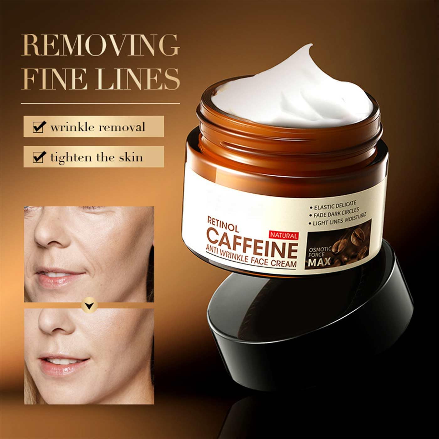 Crema Antiarrugas con Retinol y Cafeína: Hidratante y Nutritiva para Reducir Líneas Finas, Aumentar la Hidratación y Mejorar la Piel. ¡Cuidado Profesional para una Piel Radiante!