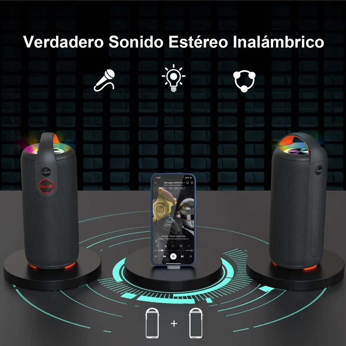 Bocina Bluetooth, Altavoz Portátil Impermeable IPX6, Mini Bocina de RGB, Sonido Estéreo TWS, Batería de 5200 mAh Larga Reproducción, Altavoz Bluetooth 5.0 con Correa Portable para Viaje, Fiesta, Hogar