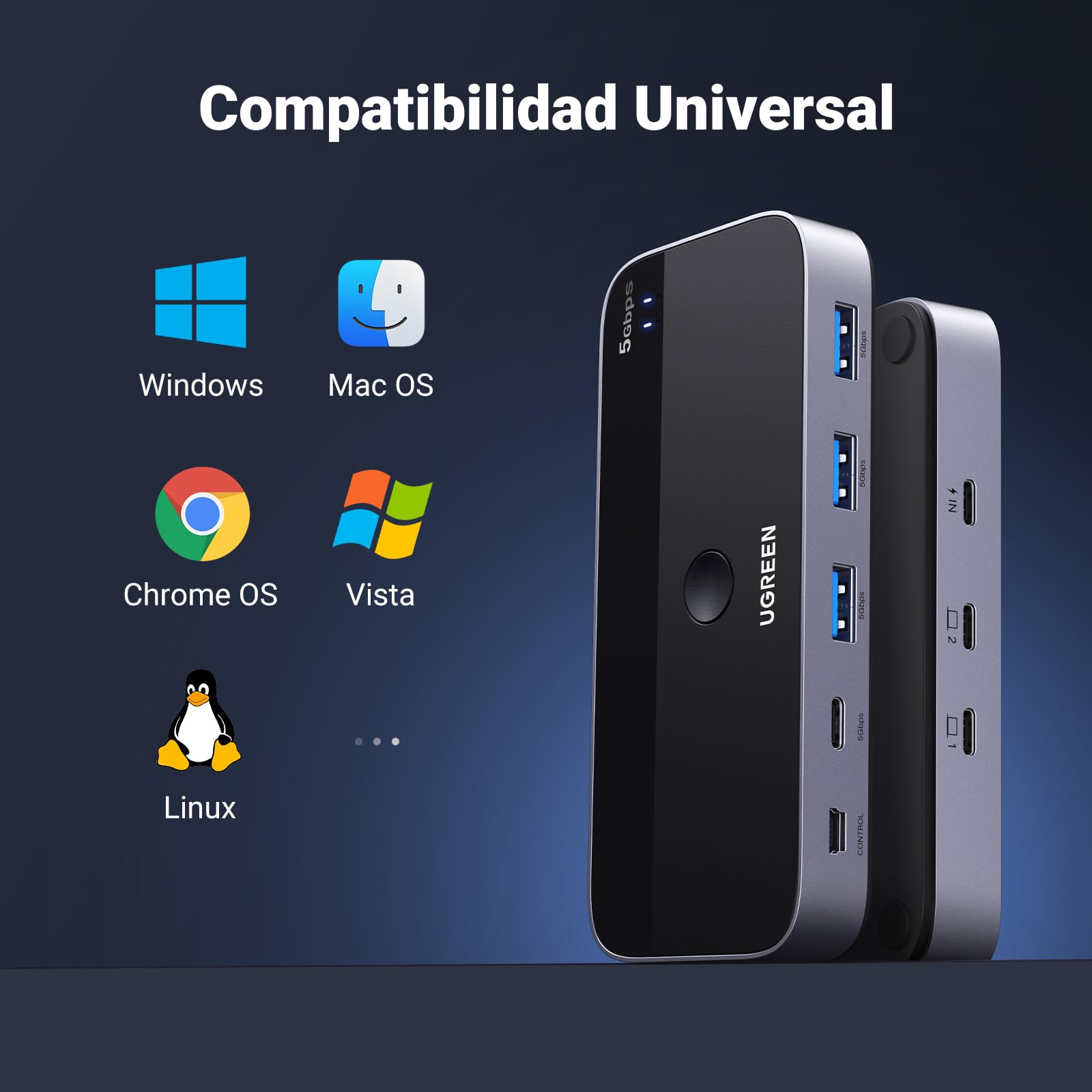 Switch USB C 3.0 UGREEN Negro con Cuatro Puertos para PC y Laptop